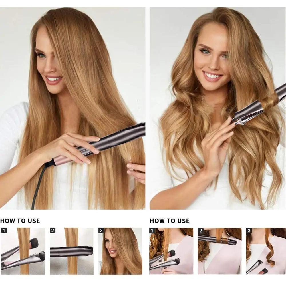Professional Spiral Wave Curl And Straight Iron Styling Tools 2 in 1 Hair Curler & Straightener Twisted Ionic Flat Iron Styler